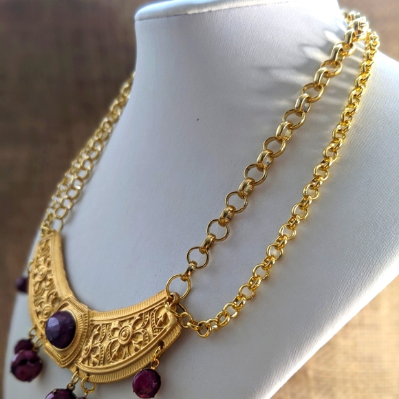 Red Reinassance Genuine Natural Rubies Collar Two Strand Necklace in Gold Plated - Picture 2 of 11